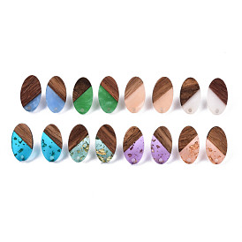 Resin & Walnut Wood Stud Earring Findings, with 304 Stainless Steel Pin, Oval, Mix Style