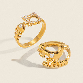304 Stainless Steel Rhinestone Open Cuff Rings for Women, Real 18K Gold Plated, Ion Plating(IP)