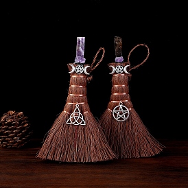 Natural Gemstone Witch Brooms Pendant Decorations, Alloy Charms for Halloween Brooms Feng Shui Car Hanging Ornament