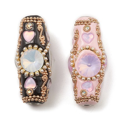 Handmade Indonesia Alloy Beads, with Resin Findings and Rhinestone, ABS Imitation Pearl, Oval with Heart