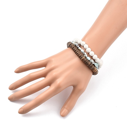 Stretch Beaded Bracelet Sets, Stackable Bracelets, with Natural Lava Rock(Dyed) & Larimar & Coconut Beads