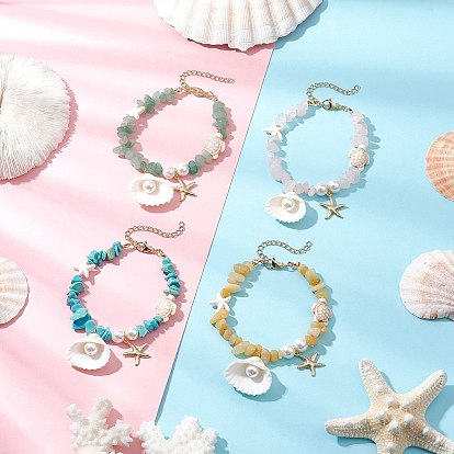 4шт. браслеты с подвесками из натурального топаза, нефрита, зеленого авантюрина, розового кварца и синтетической бирюзы, ракушка, морская звезда и черепаха