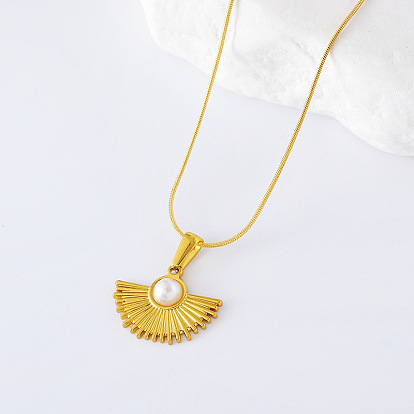 3шт. ожерелья из нержавеющей стали с имитацией жемчуга в форме веера для женщин, белые