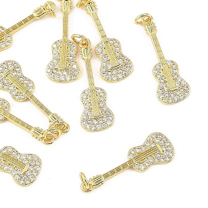 SHEGRACE Brass Clear Cubic Zirconia Pendants, Cadmium Free & Nickel Free & Lead Free, Guitar Charms