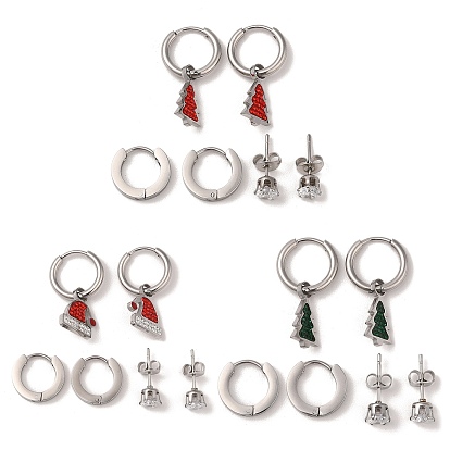 3 Pairs 3 Styles Christmas 304 Stainless Steel Hoop & Studs Earrings Set for Women, with Rhinestone & Cubic Zirconia, Stainless Steel Color