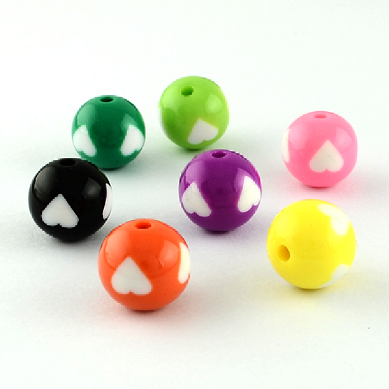Chunky Bubblegum Acrylic Beads, Round with Heart Pattern, 19mm, Hole: 3mm, 117pcs/500g