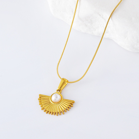 3шт. ожерелья из нержавеющей стали с имитацией жемчуга в форме веера для женщин, белые