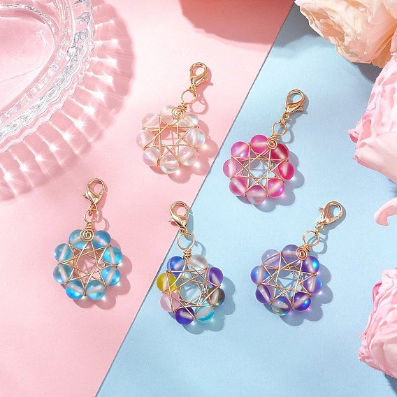 Подвеска из искусственного лунного камня в форме звезды, обмотанная медной проволокой, Подвески с застежками-когтями омара для украшения сумок