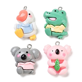 Opaque Resin Pendants, Animal Charms with Platinum Tone Iron Loops, Duck/Crocodile/Koala