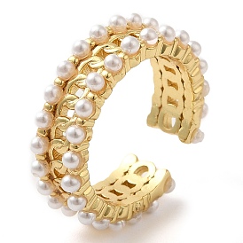 Curb Chain Brass Open Cuff Rings for Women, with Resin Imitation Pearls