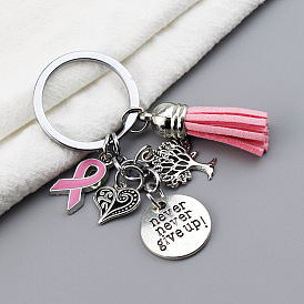 October Breast Cancer Pink Awareness Ribbon Alloy Pendant Keychain for Woman, with Tassel, Flat Round/Tree of Life/Heart