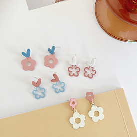 Sweet flower earrings cute pink small flower silver needle earrings simple love earrings paint