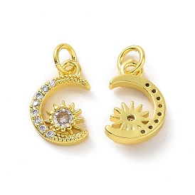 Brass Micro Pave Cubic Zirconia Charms, Real 18K Gold Plated, with Jump Ring, Moon