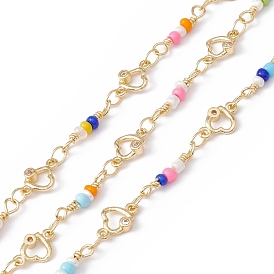 Handmade Eco-friendly Brass Heart Link Chain, with Cubic Zirconia & Glass Seed Beaded, Real 18K Gold Plated, Lead Free & Cadmium Free, Soldered, with Spool