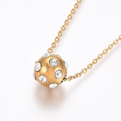 304 Stainless Steel Rhinestone Pendant Necklaces, with Cable Chains and Lobster Claw Clasps, Ball