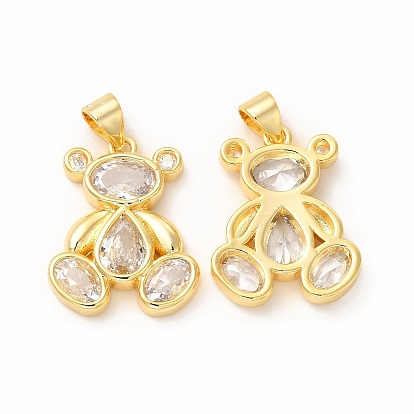 Rack Plating Brass Cubic Zirconia Pendants, Long-Lasting Plated, Cadmium Free & Lead Free, Bear Charm