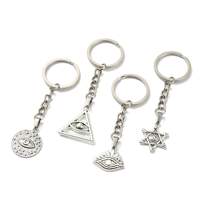 Tibetan Style Alloy Pendant Keychains, with Iron Split Key Rings, Star of David/Triangle/Flat Round with Eye