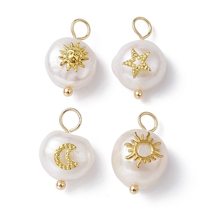 Natural Pearl Pendants, Potato Charms with Golden Plated Brass Slice