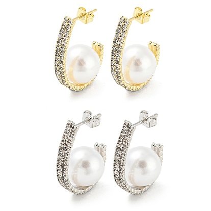Brass Stud Earrings with ABS Imitation Pearl Beaded, Half Hoop Earrings