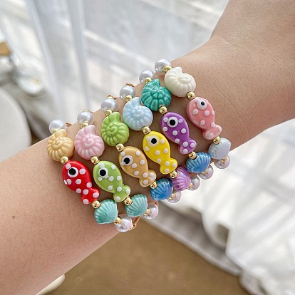 Pulseras de mujer hechas a mano con forma de concha de pez, de porcelana y perlas de plástico, ideales para la playa en verano.