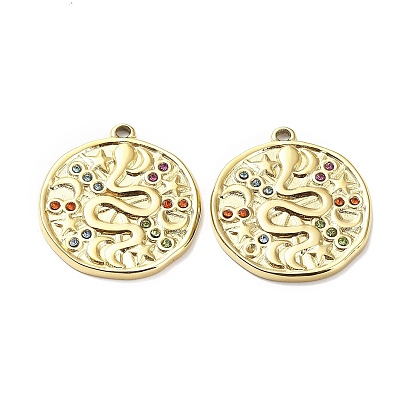 Ion Plating(IP) 304 Stainless Steel Pendants, with Colorful Rhinestone, Flat Round with Snake Charm