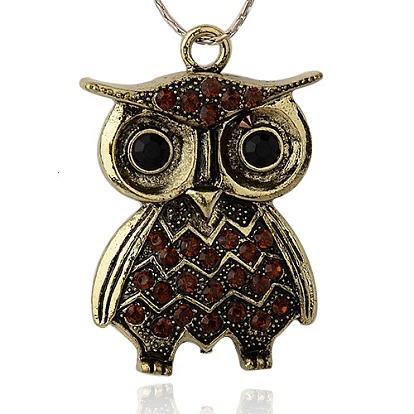 Le style tibétain alliage strass oiseaux grands pendentifs, chouette pour Halloween, 61x42x6mm, Trou: 5mm