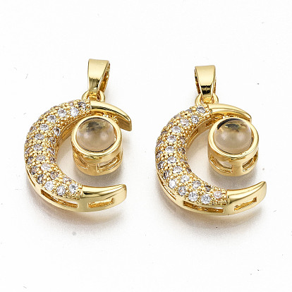 Brass Micro Pave Clear Cubic Zirconia Pendants, with Glass, Nickel Free, Moon