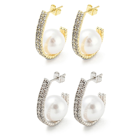 Brass Stud Earrings with ABS Imitation Pearl Beaded, Half Hoop Earrings