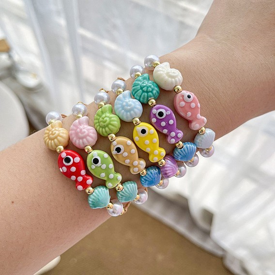 Bracelets d'été pour femmes, en porcelaine faite main, en forme de coquillage de poisson, avec perles tressées en plastique et perles de mer.