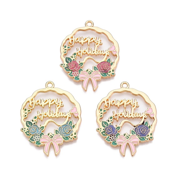 Стойки обшивки сплава эмали подвески, без кадмия, без никеля и без свинца, золотой свет, цветок-бантик со словами счастливых праздников
