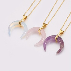 Natural & Synthetic Mixed Stone Pendant Necklaces, with Brass Chain and Spring Ring Clasps, Double Horn/Crescent Moon