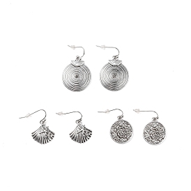 3 Pairs 3 Style Flat Round & Shell Alloy Dangle Earrings with Iron Pins, Bohemian Rose Pattern Drop Earrings for Women
