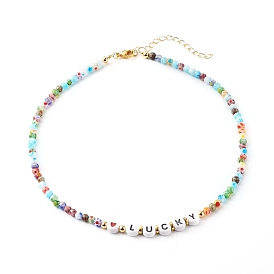 Beaded Necklaces, with Acrylic Beads, Brass Beads, Glass Beads, 304 Stainless Steel Findings & Brass Chain, Word Lucky