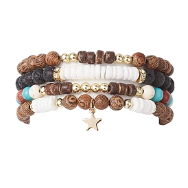 4Pcs 4 Styles Wood & Natural Lava Rock Round Beaded Stretch Bracelet Sets, Star Charm Stackable Bracelets