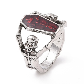 Enamel Skull with Coffin Finger Ring, Gothic Alloy Jewelry for Halloween