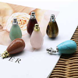 Gemstone Perfume Bottle Pendants, with Alloy Findings, for Essential Oil, Scent Storage, Teardrop