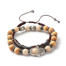 N'abandonnez jamais l'ensemble de bracelets extensibles en code morse, bracelets à maillons main hamsa / main de miriam, Bracelets en perles fossiles naturelles, bois et hématite synthétique, message secret cadeau chanceux pour hommes femmes
