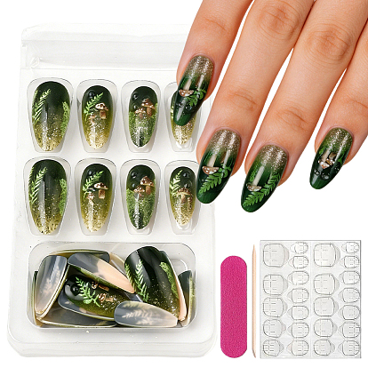 1Set Plastic Full Cover Press On False Nails, Nail Art Detachable Manicure, with Manicure File & Adhesive Tapes, 1Pc Wood Manicure Stick, Mushroom