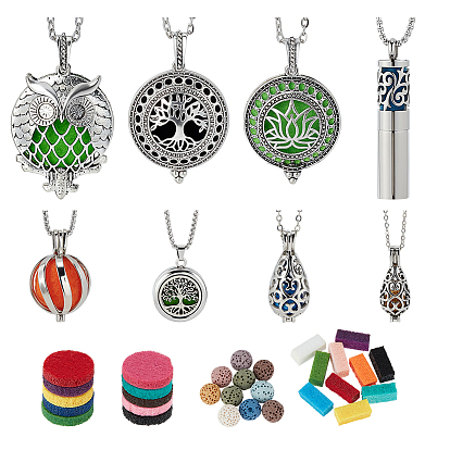 Набор для изготовления подвесок-медальонов из сплава своими руками, в комплект входили подвески в виде латунных клеток, ожерелья из нержавеющей стали в виде флаконов духов, войлочные подушечки для духов, бусины из натуральной лавы