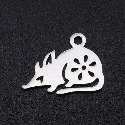 201 Stainless Steel Charms, Mouse with Flower, Hollow