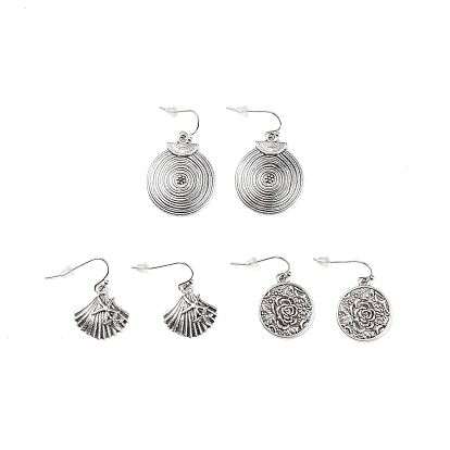 3 Pairs 3 Style Flat Round & Shell Alloy Dangle Earrings with Iron Pins, Bohemian Rose Pattern Drop Earrings for Women