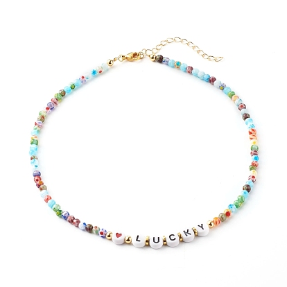 Beaded Necklaces, with Acrylic Beads, Brass Beads, Glass Beads, 304 Stainless Steel Findings & Brass Chain, Word Lucky