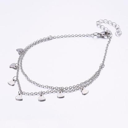 304 Stainless Steel Anklets, Heart, with 316 Surgical Stainless Steel Chains