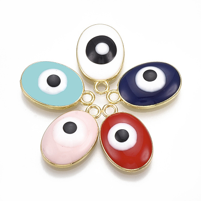 Alloy Pendants, with Enamel, Oval with Evil Eye, Light Gold