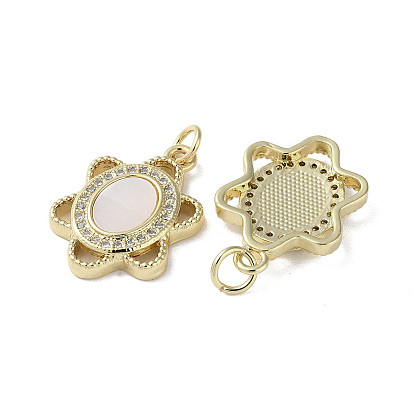 Brass Micro Pave Cubic Zirconia Pendants, with Shell, Flower