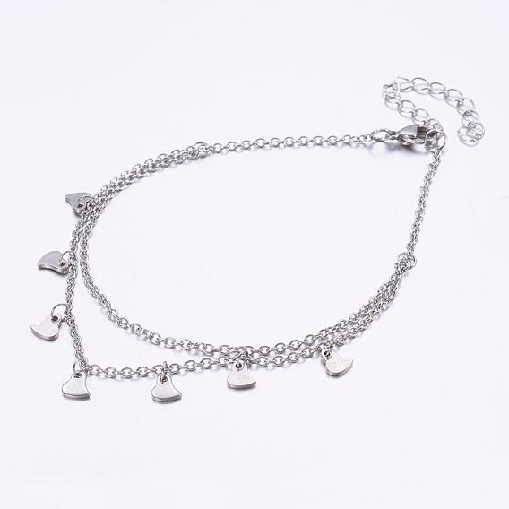 304 Stainless Steel Anklets, Heart, with 316 Surgical Stainless Steel Chains