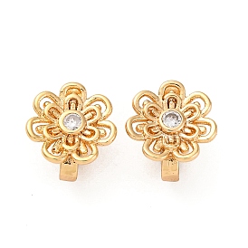 Brass Micro Pave Clear Cubic Zirconia Hook Clasps, Flower