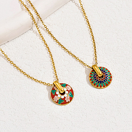 Stainless Steel Cable Chain Necklaces, Bohemian Style Enamel Flower Pendant Necklace for Women, Real 18K Gold Plated