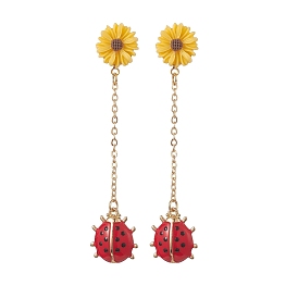 Alloy Enamel Ladybug with Resin Daisy Dangle Stud Earrings, Golden 304 Stainless Steel Chain Tassel Earrings for Women