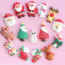 Christmas Themed Opaque Resin Cabochons, Santa Claus Reindeer Christmas Tree Cabochons, with Glitter Powder, Mixed Shapes